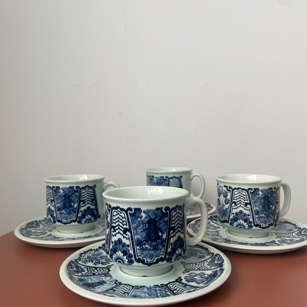 Belgian Delft Boch Old Dutch Blue & White Floral Coffee Teacups and Saucer Set - Picture 3 of 12